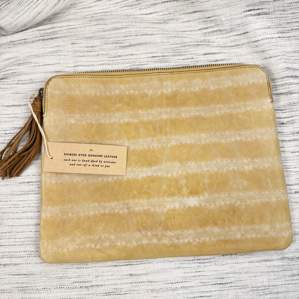 NEW Anthropologie Shibori Dyed Leather Yellow iPad Case 9x11.5 Boho Clutch
